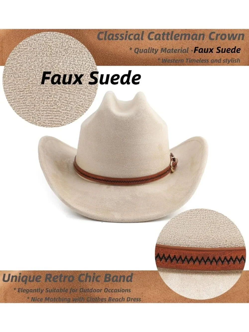 Men's Beige Faux Suede Wide Brim Western Cowgirl Cowboy Hat